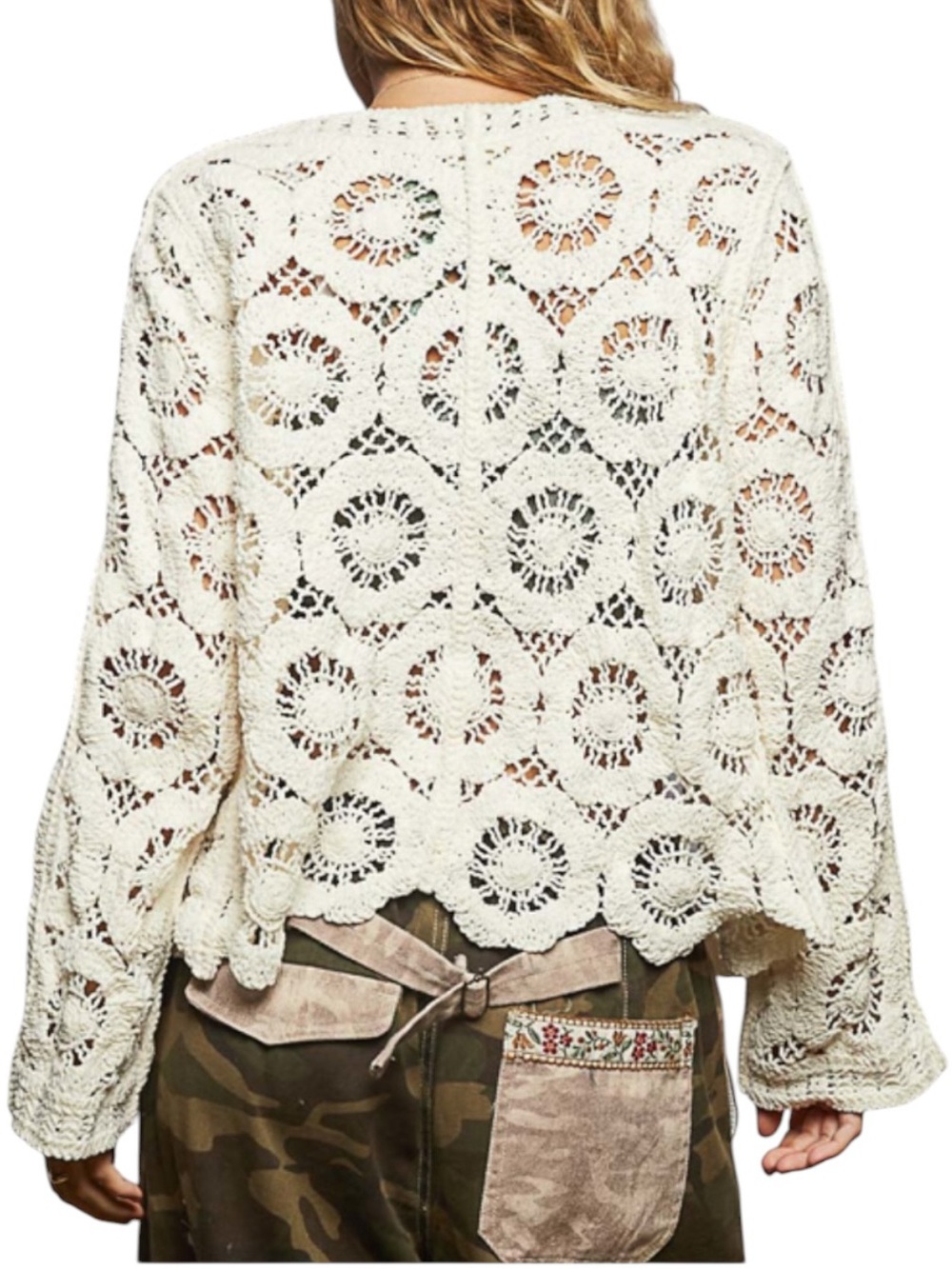 POL Crochet Stone Washed Cotton Button Closure Long Sleeve Cardigan